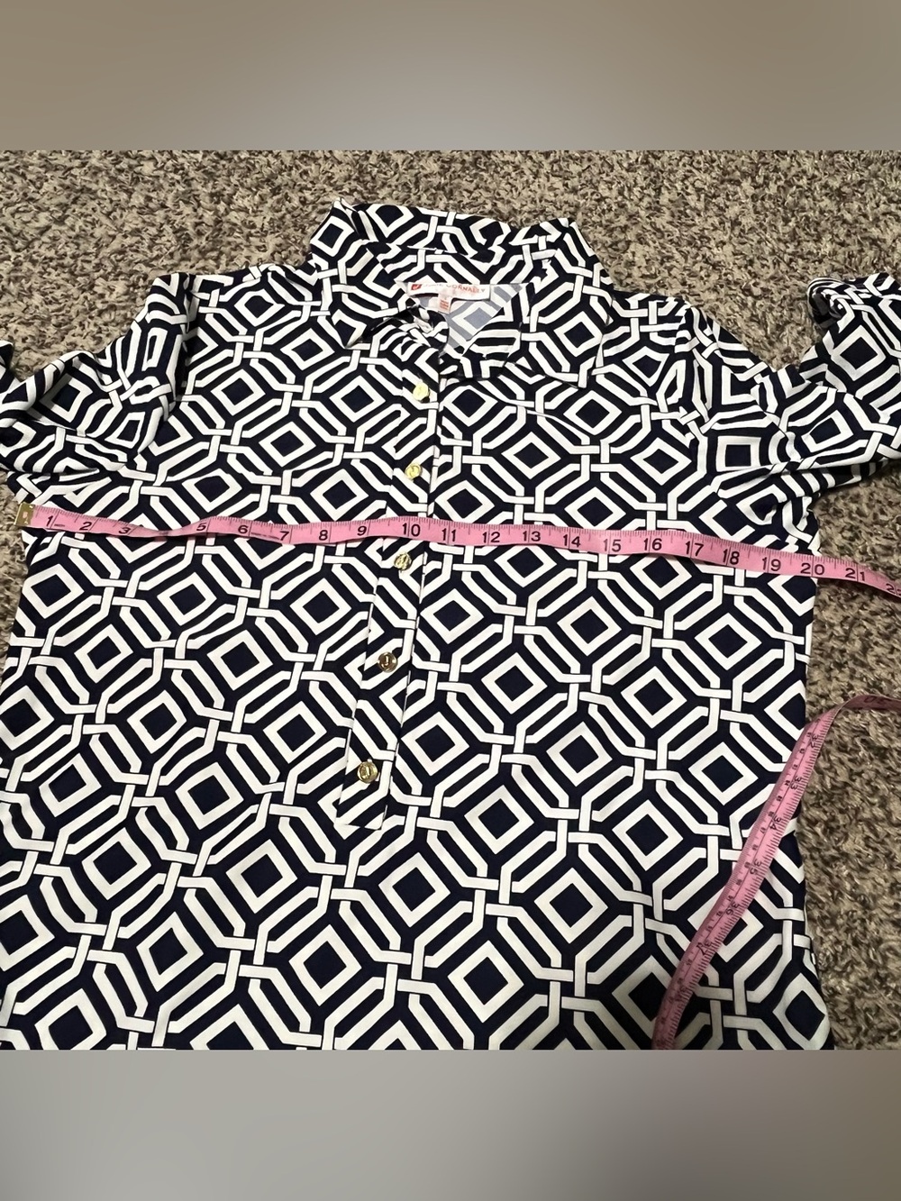 NWT Jude Connally Navy and White Geometric  Shift Dress Large 3/4 Sleeves - Picture 5 of 7